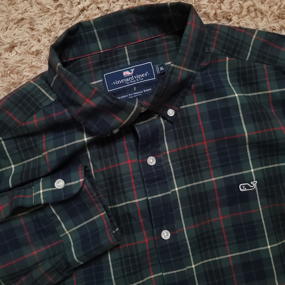 Vineyard Vines Button Down Shirt‎ Mens XL Green Plaid Classic Fit Whale 1W011564